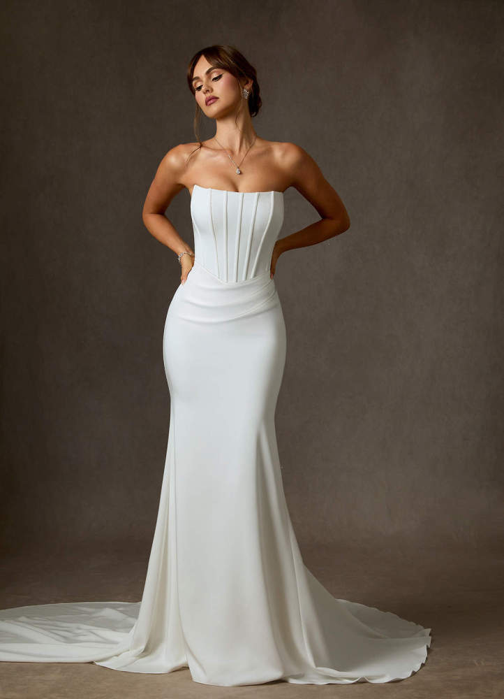 elyessen Cherity Diamond White Mermaid Strapless Crepe Back Satin Dress