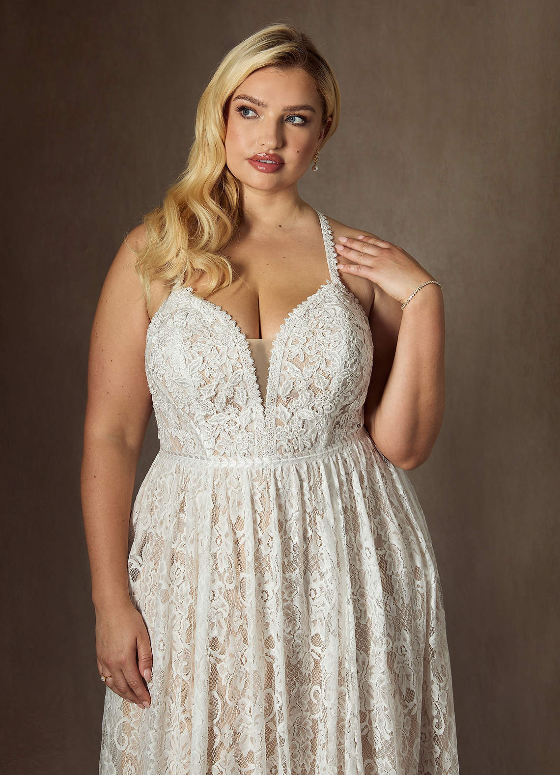 elyessen  Diamond White Champagne A-Line Lace Dress