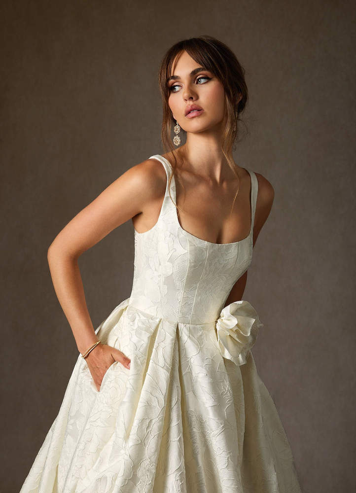 elyessen Ruby Antique White Ball-Gown with Pockets Floral Jacquard Dress