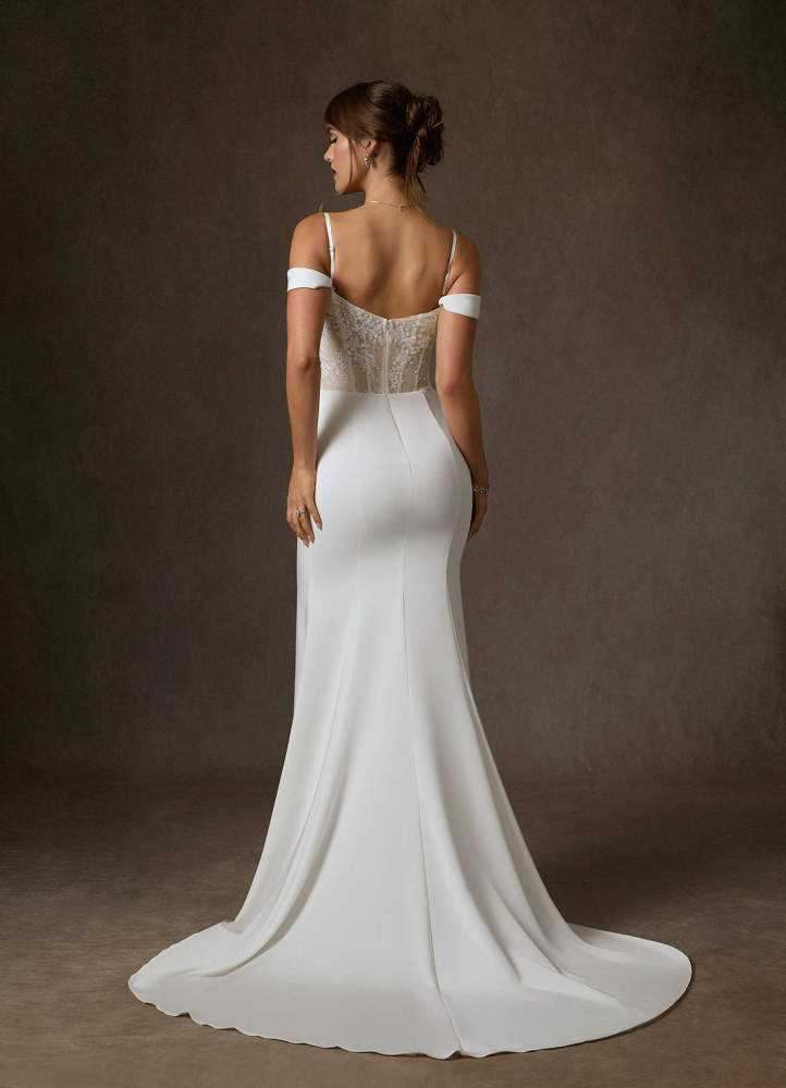 elyessen  Diamond White Mermaid Off the Shoulder Crepe Back Satin Dress