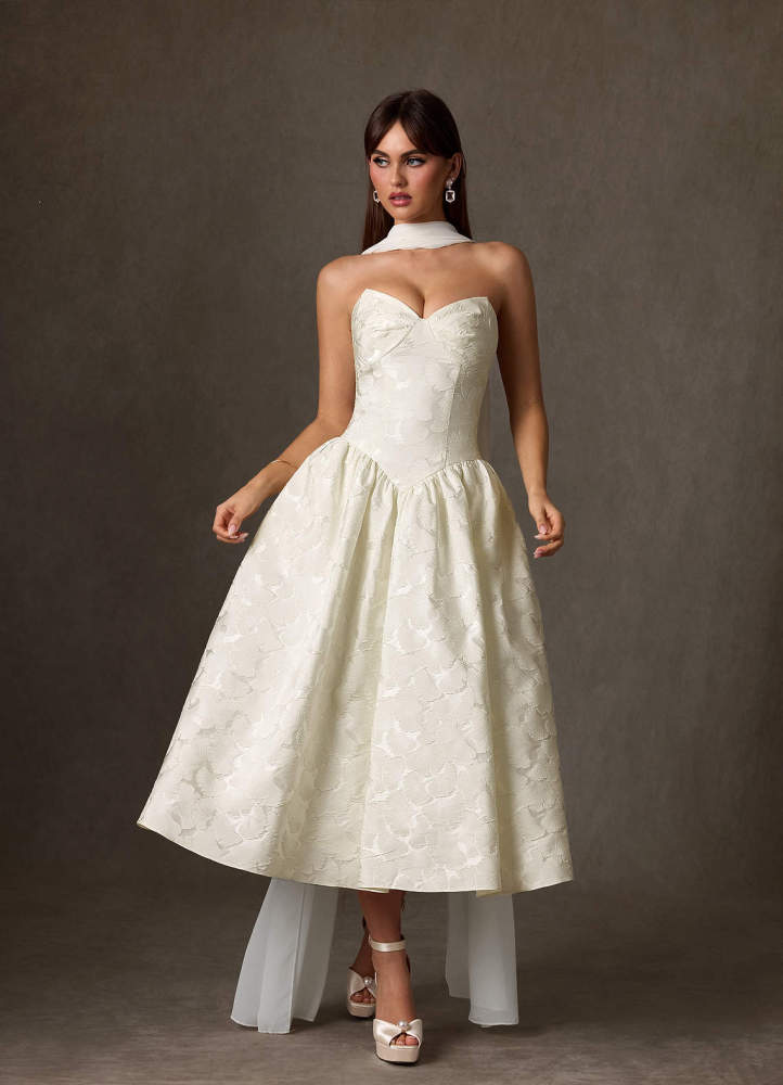 elyessen Devam Cream A-Line Strapless Floral Jacquard Dress