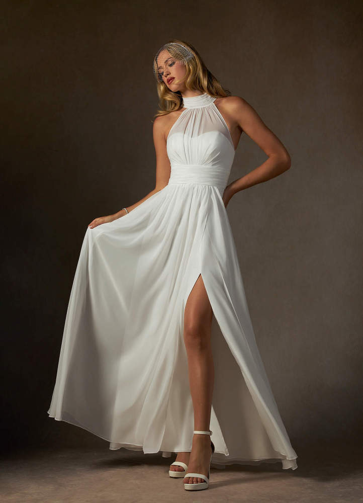 elyessen Helaina Diamond White A-Line Pleated Chiffon Dress