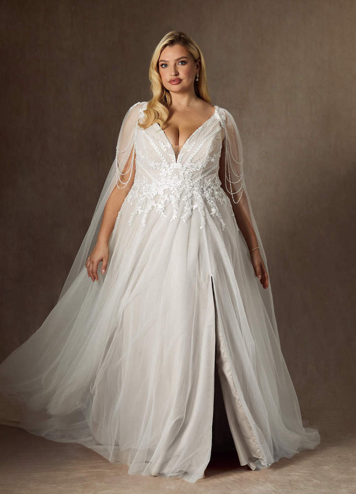 elyessen Goddess Two-Piece Diamond White A-Line V-Neck Sequins Tulle Dress