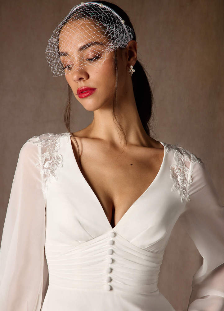elyessen Amila Diamond White A-Line V-Neck Lace Chiffon Dress
