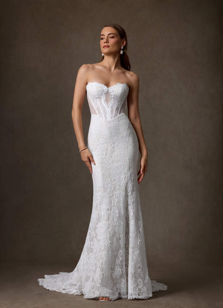 elyessen Issa Diamond White Sheath Strapless Lace Dress