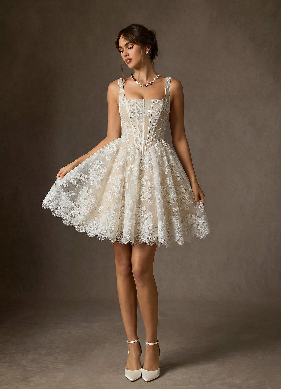elyessen Nolicia Diamond White Ball-Gown Square Neckline Lace Dress