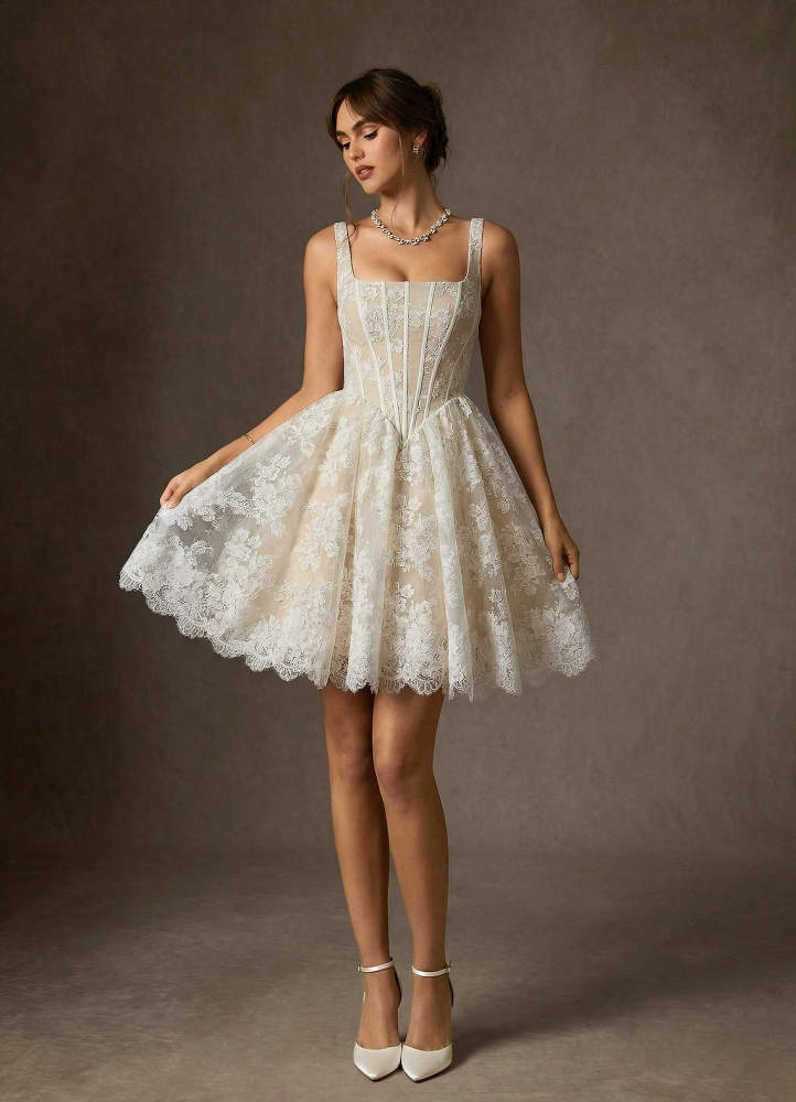 elyessen Nolicia Diamond White Ball-Gown Square Neckline Lace Dress