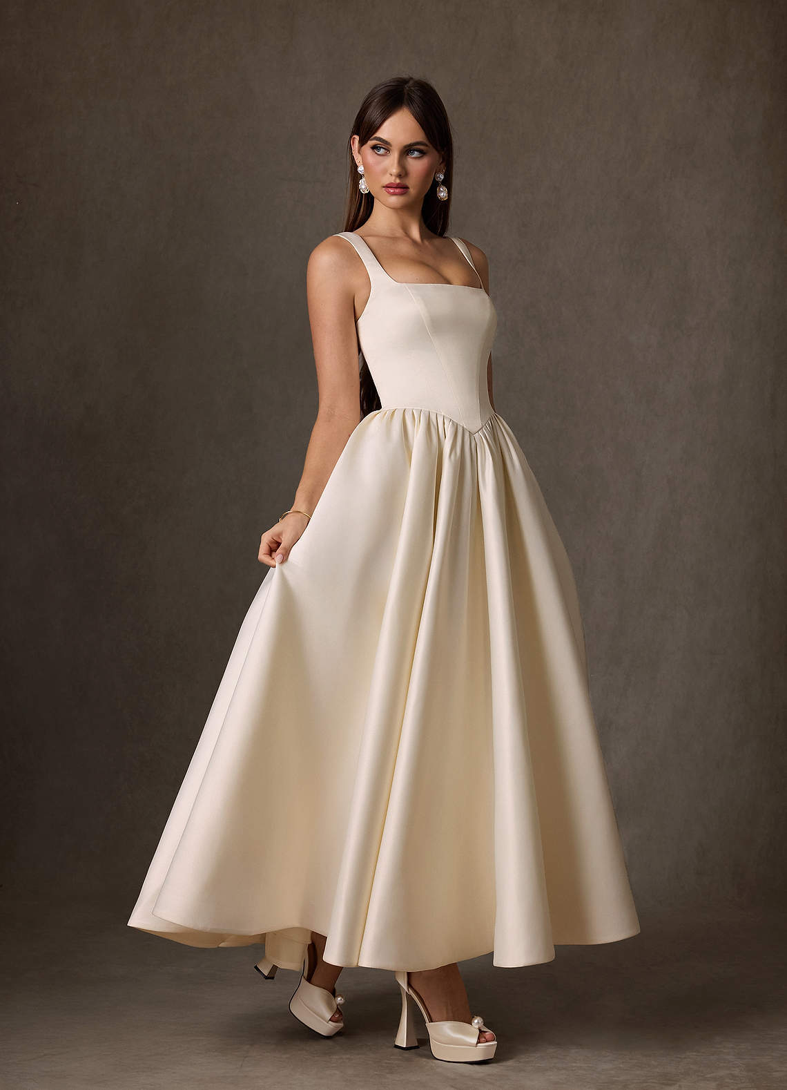 elyessen  Diamond White A-Line with Pockets Satin Dress