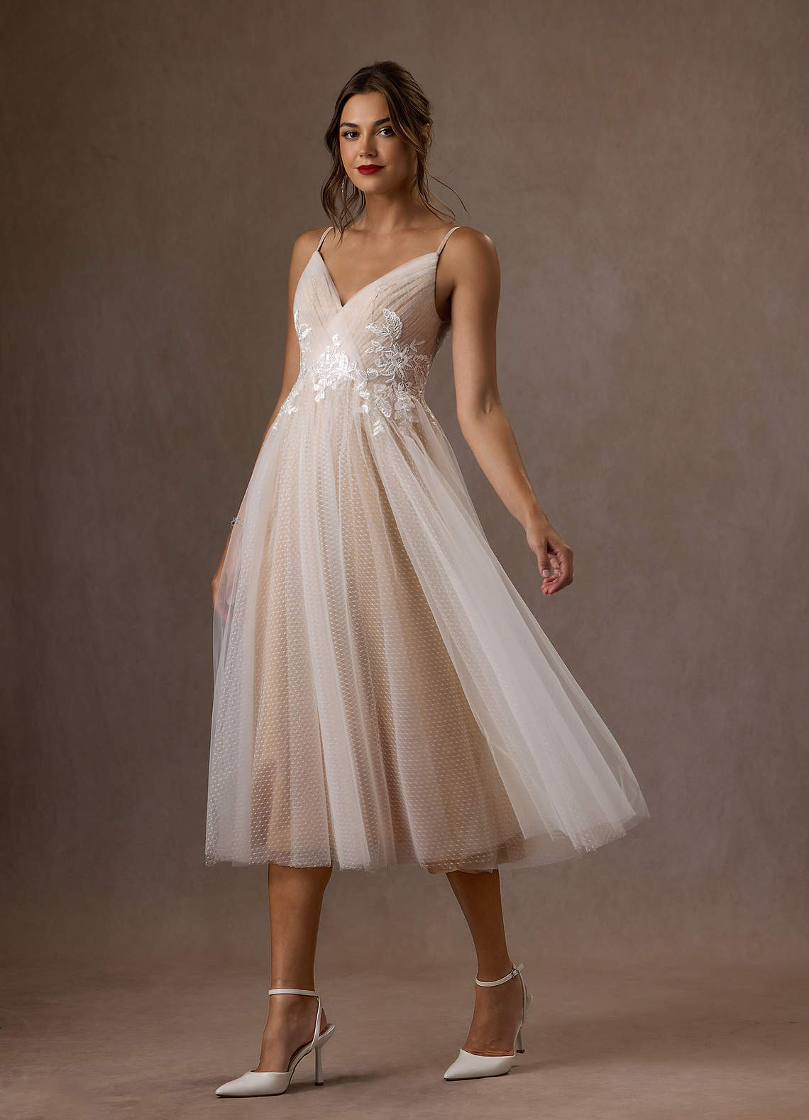 elyessen Diamond White A-Line V-Neck Sequins Tulle Dress