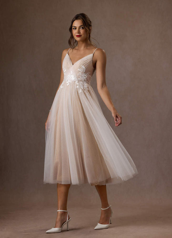 elyessen Diamond White A-Line V-Neck Sequins Tulle Dress