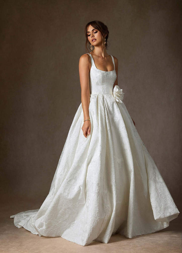 elyessen  Antique White Ball-Gown with Pockets Floral Jacquard Dress