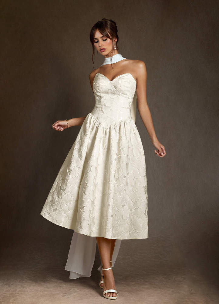 elyessen Devam Cream A-Line Strapless Floral Jacquard Dress