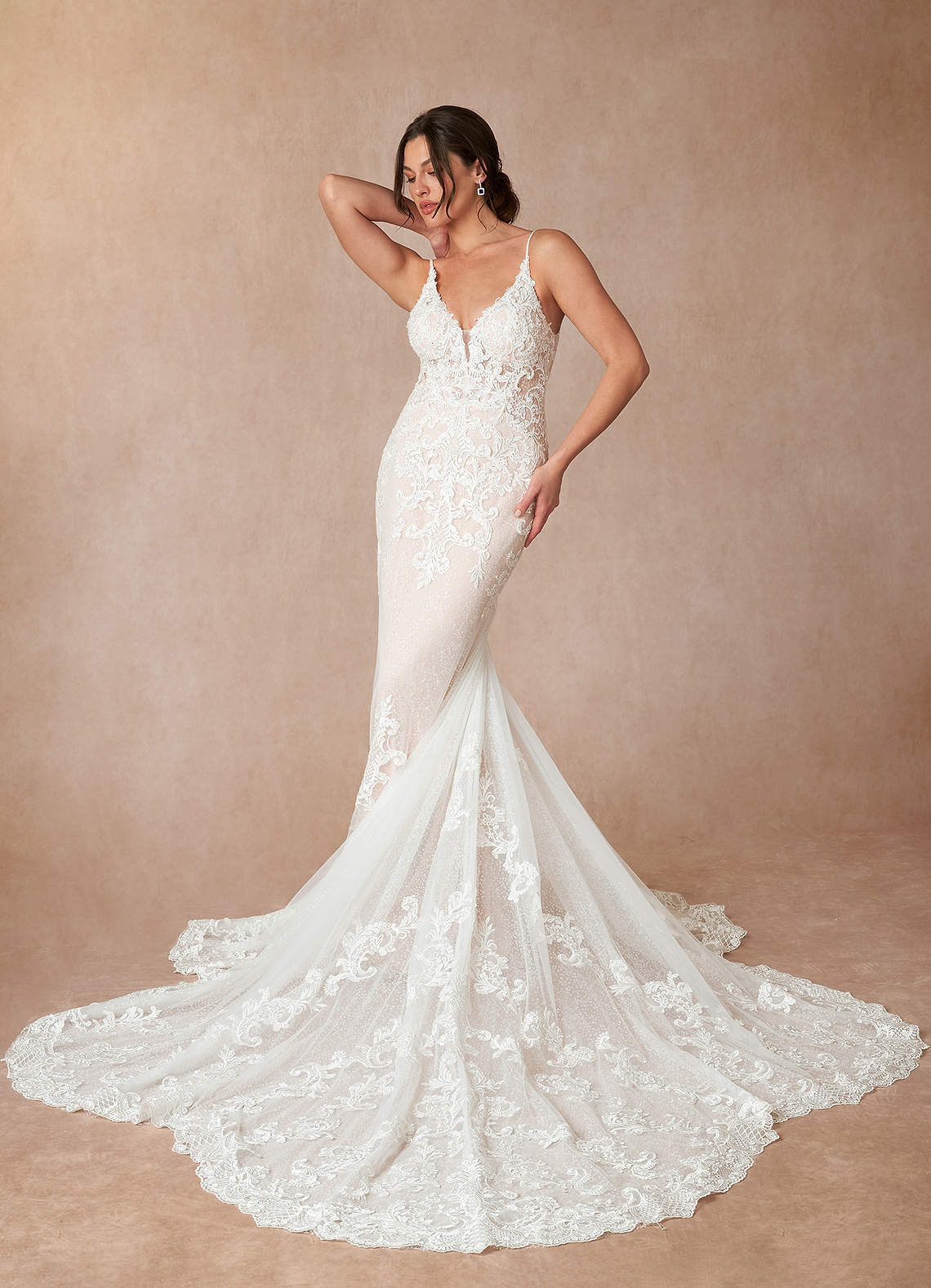 elyessen Selene Diamond White Mermaid V-Neck Lace Dress