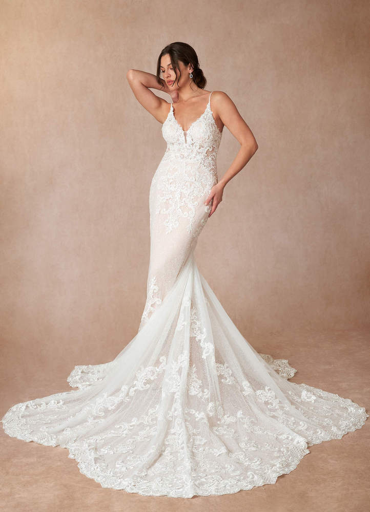 elyessen Selene Diamond White Mermaid V-Neck Lace Dress