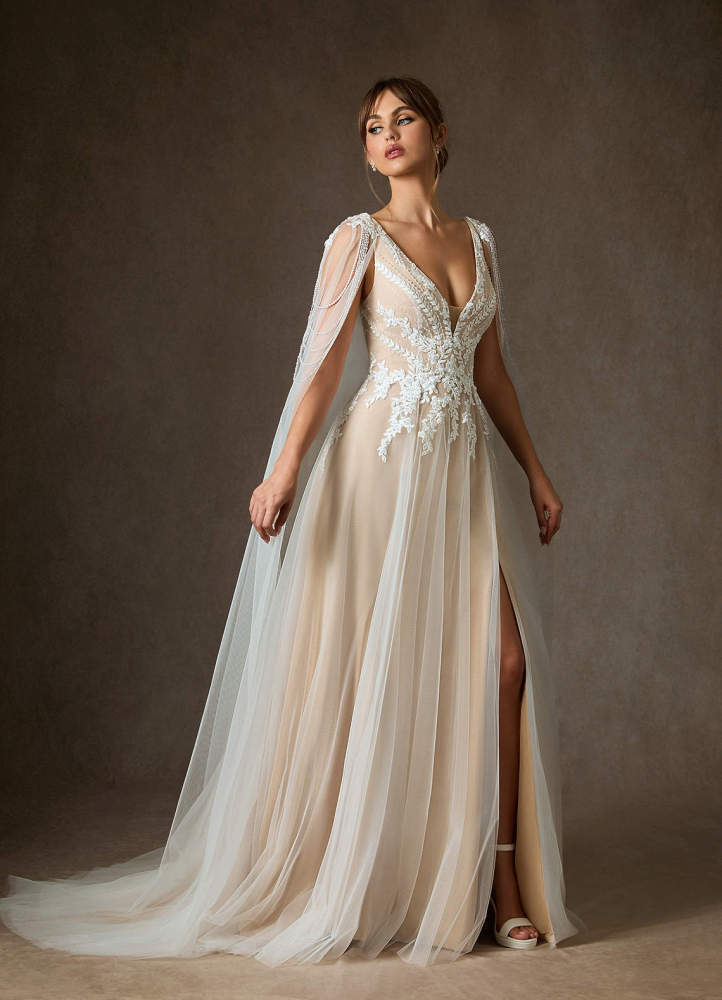 elyessen Goddess Two-Piece Diamond White A-Line V-Neck Sequins Tulle Dress