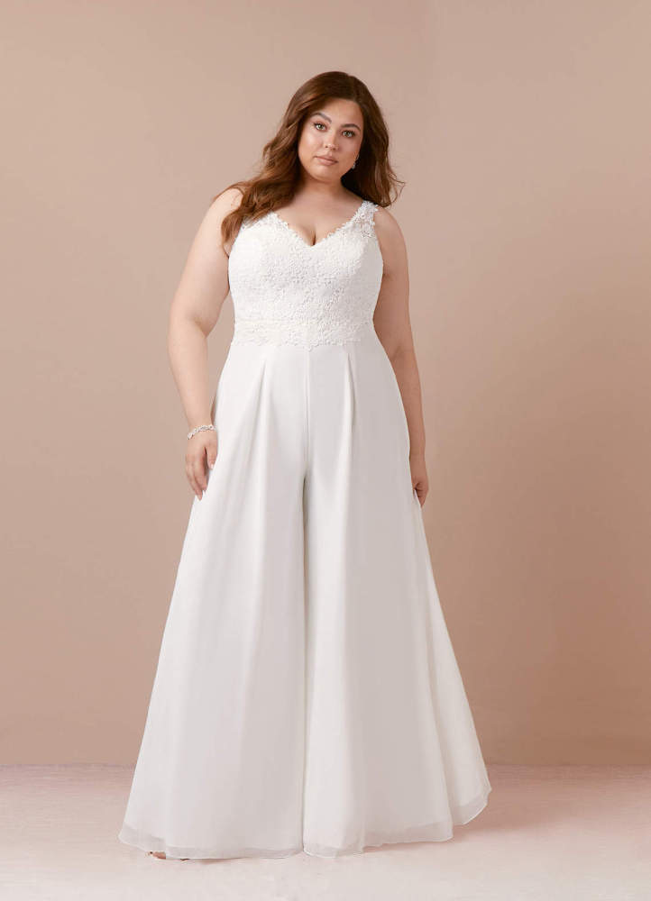 elyessen Florine Diamond White Pant Styles V-Neck Lace Chiffon Dress