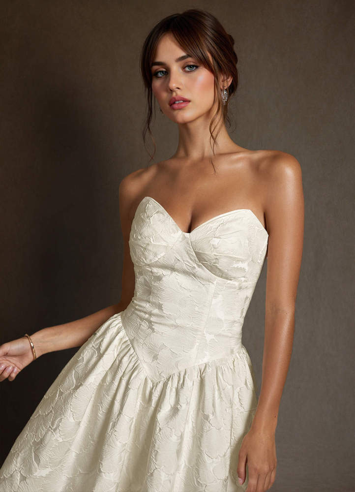 elyessen Devam Cream A-Line Strapless Floral Jacquard Dress