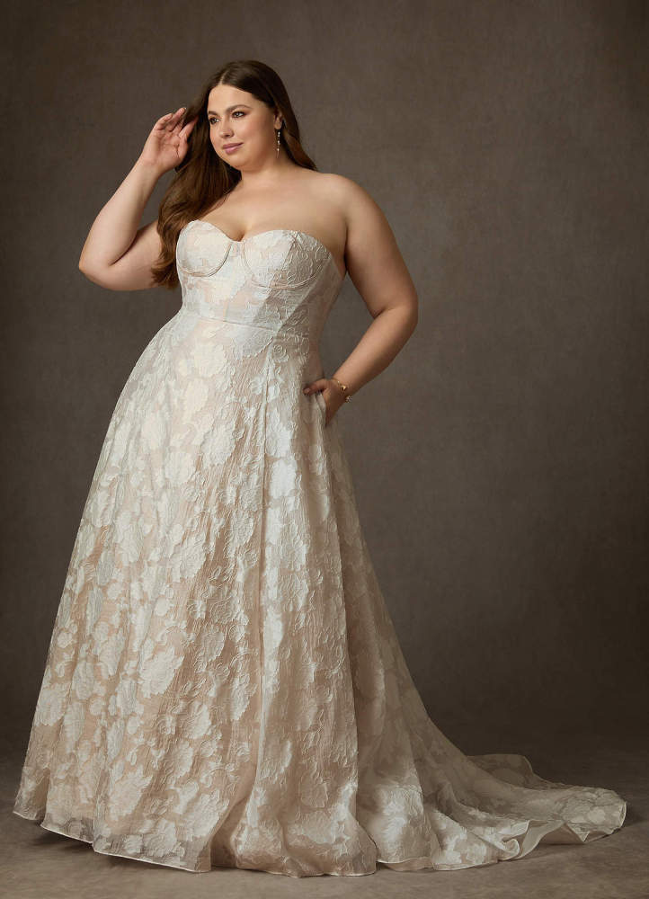 elyessen  Diamond White Ball-Gown Strapless Floral Burnout Jacquard Dress