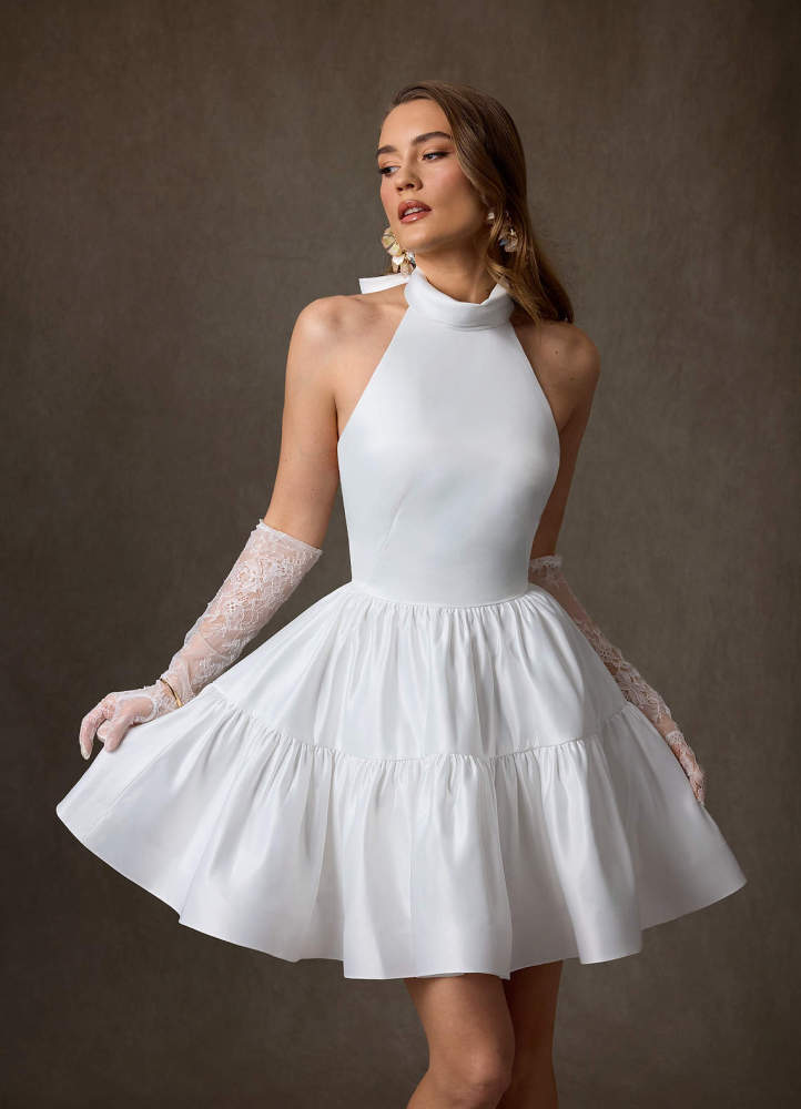 elyessen Malini Diamond White A-Line High Neck Satin Dress
