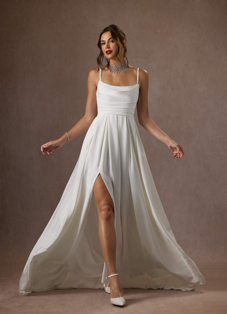 elyessen Caymus Diamond White A-Line Scoop Pleated Crepe Back Satin Dress