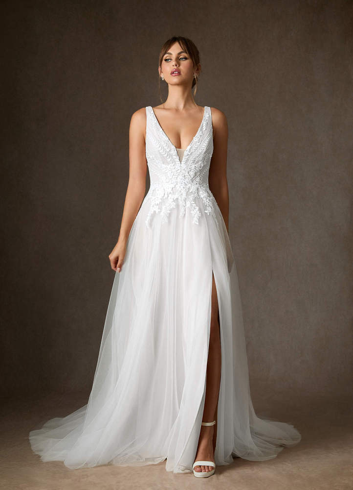 elyessen Goddess Two-Piece Diamond White A-Line V-Neck Sequins Tulle Dress
