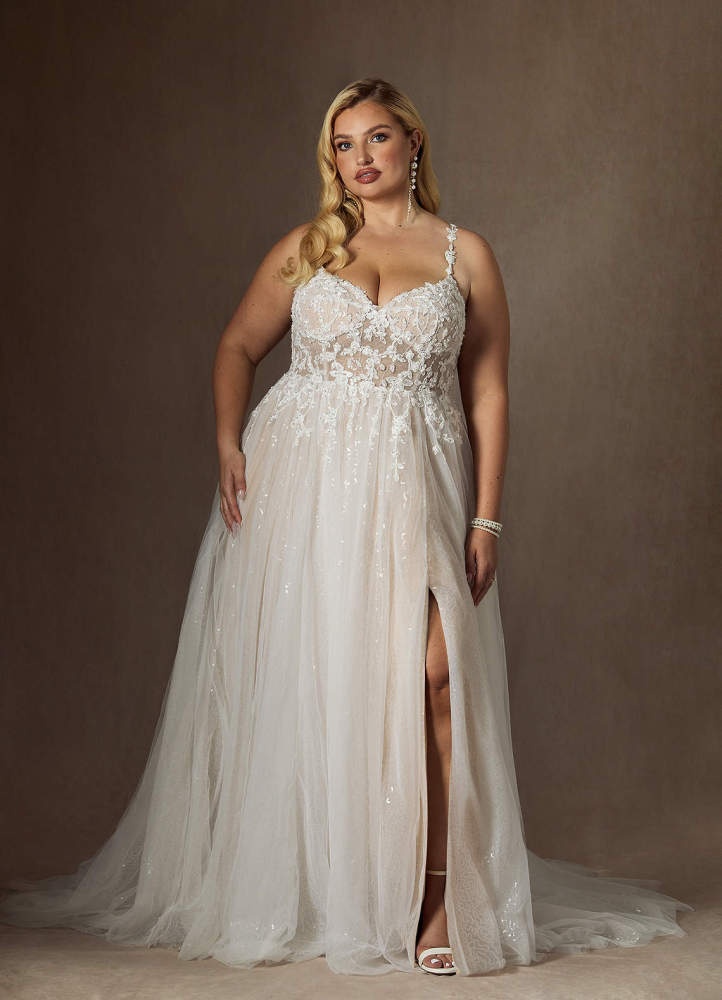 elyessen  Diamond White Champagne A-Line V-Neck Sequins Tulle Dress