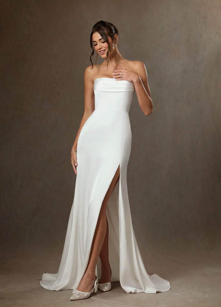 elyessen Blithe Stretch Diamond White Sheath Side Slit Stretch Satin Dress