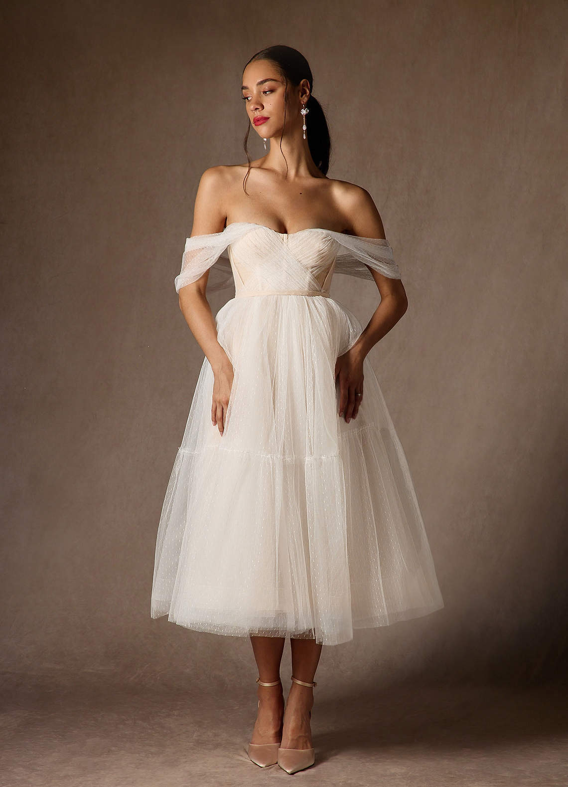 elyessen Vienna Diamond White Champagne A-Line Off-The-Shouler Tulle Dress