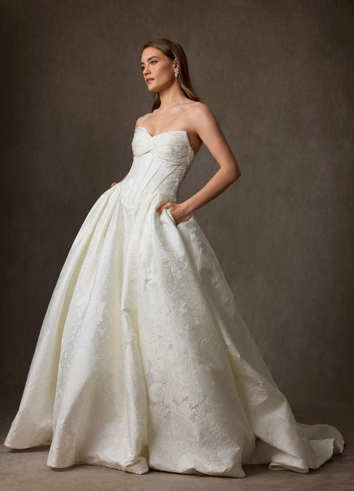 elyessen Genevieve Diamond White Ball-Gown Strapless Floral Jacquard Dress