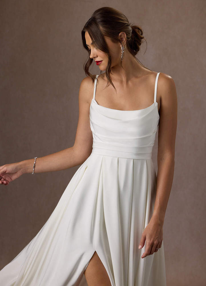 elyessen Caymus Diamond White A-Line Scoop Pleated Crepe Back Satin Dress
