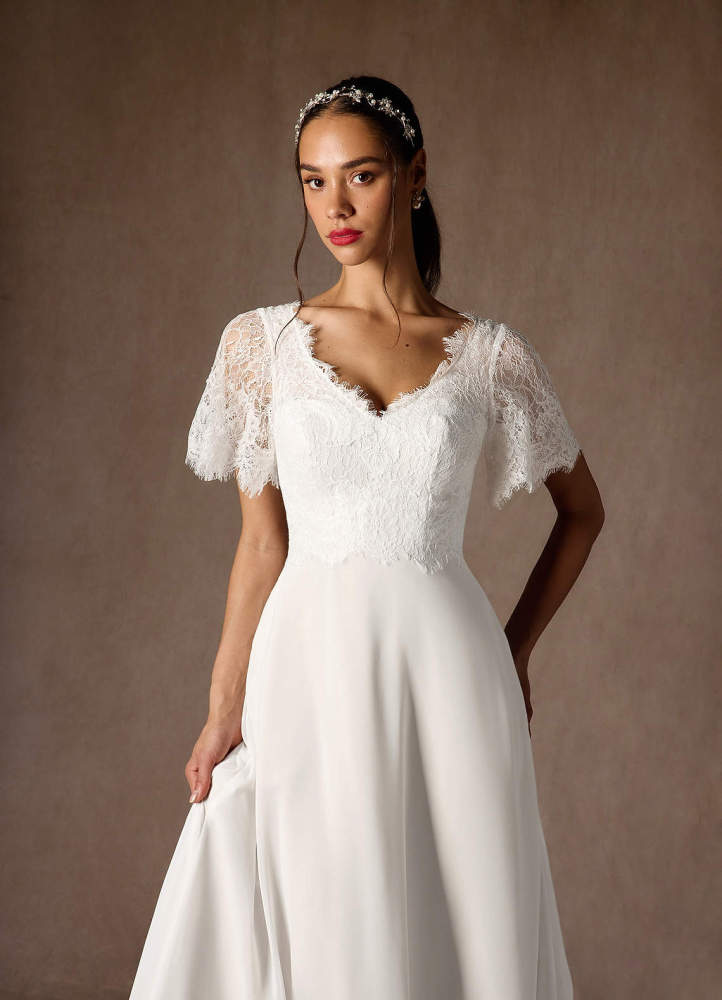 elyessen Veradis Diamond White A-Line V-Neck lace Chiffon Dress