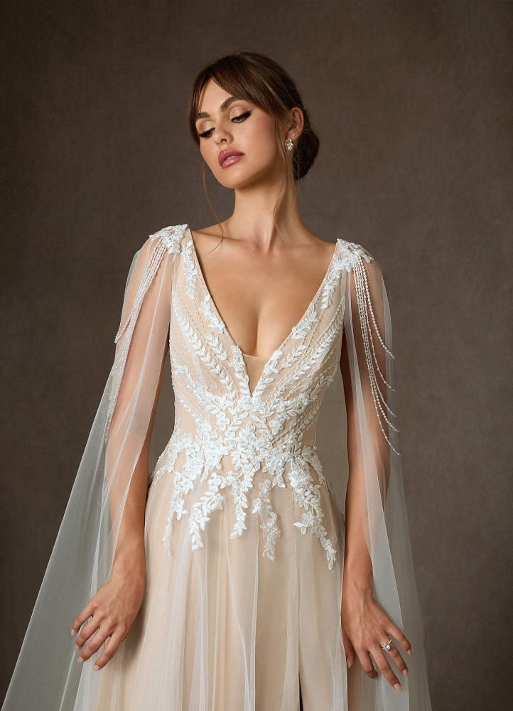 elyessen Goddess Two-Piece Diamond White A-Line V-Neck Sequins Tulle Dress