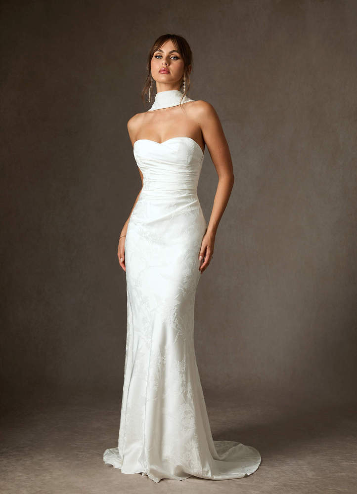 elyessen Keala Diamond White Sheath Strapless Floral Jacquard Dress