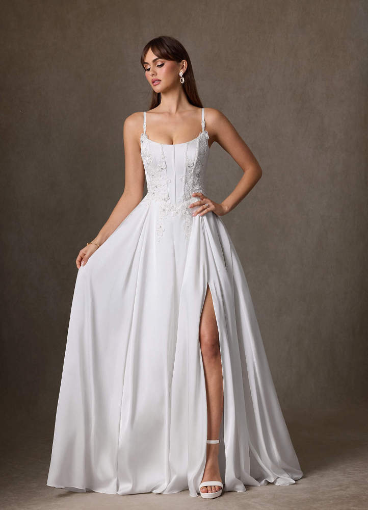 elyessen Sariah Stretch Diamond White A-Line Lace Stretch Satin Dress