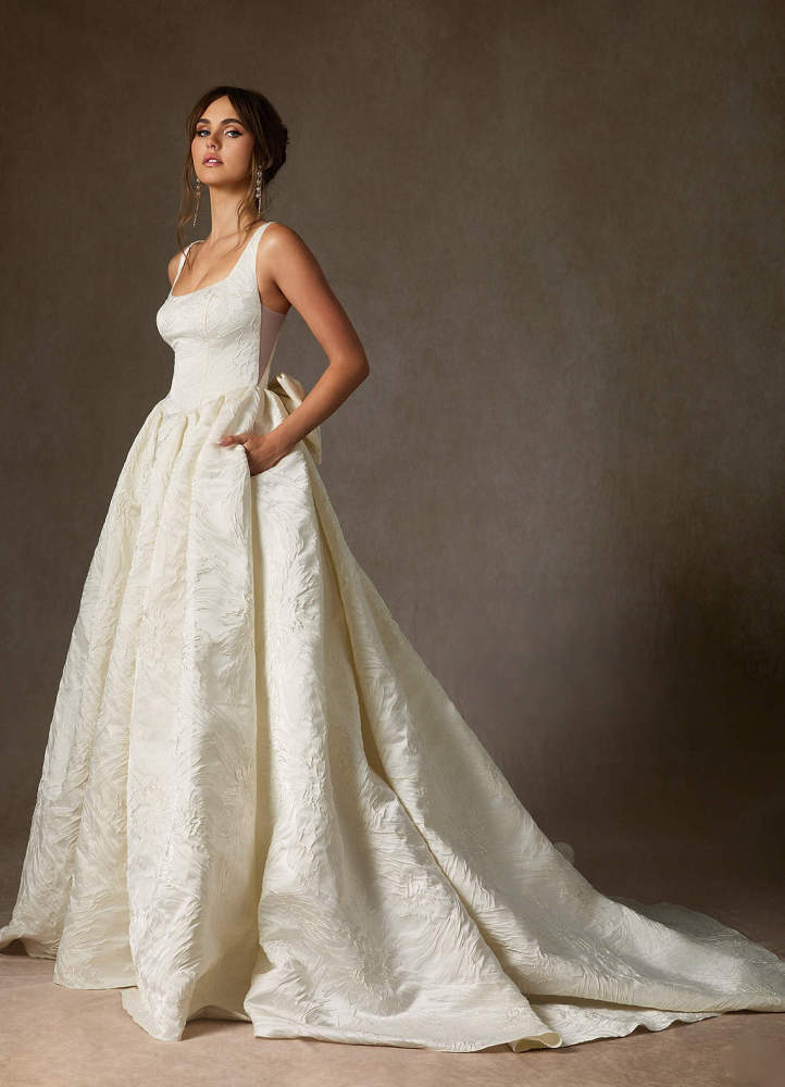 elyessen  Diamond White Ball-Gown with Pockets Floral Jacquard Dress