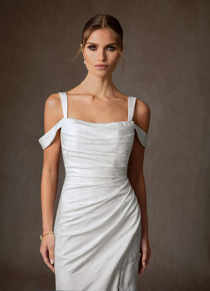 elyessen Tilly Diamond White Sheath Off the Shoulder Floral Jacquard Dress