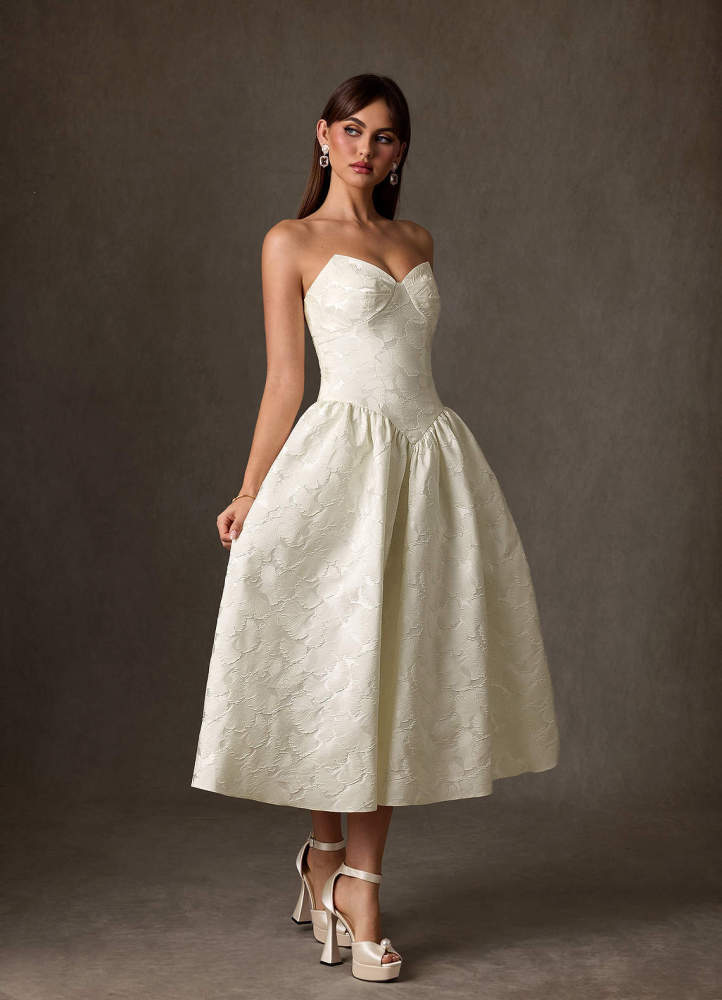 elyessen Devam Cream A-Line Strapless Floral Jacquard Dress
