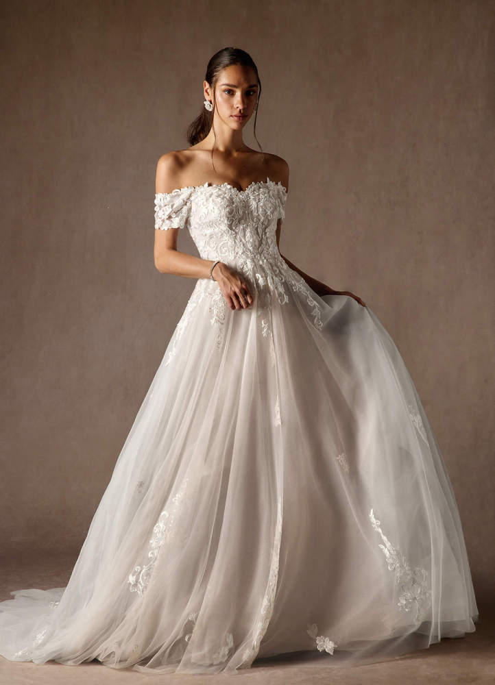 elyessen  Diamond White Ball-Gown Off the Shoulder Tulle Dress