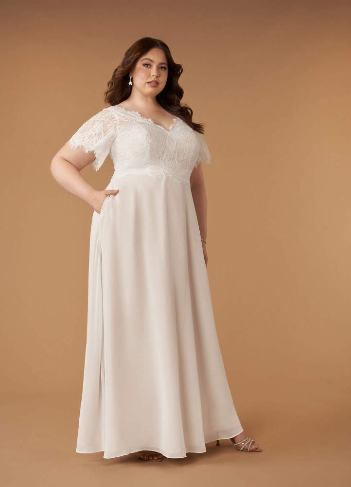 elyessen Diamond White A-Line V-Neck lace Chiffon Dress