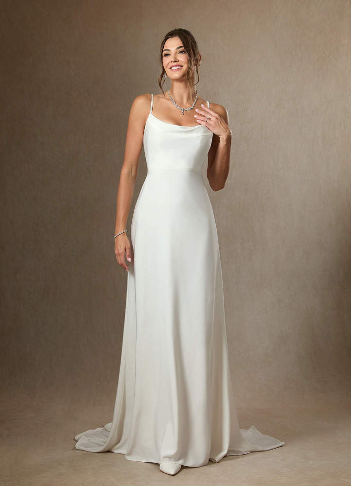 elyessen Shiv Diamond White A-Line Beaded Crepe Back Satin Dress