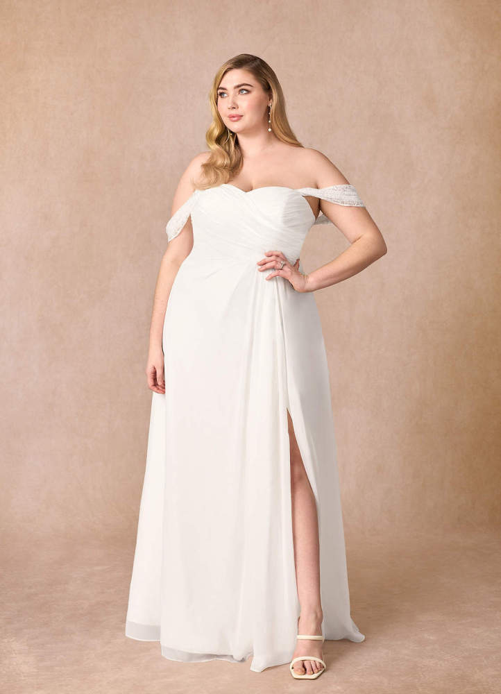 elyessen Zadie Diamond White A-Line Off the Shoulder Chiffon Dress