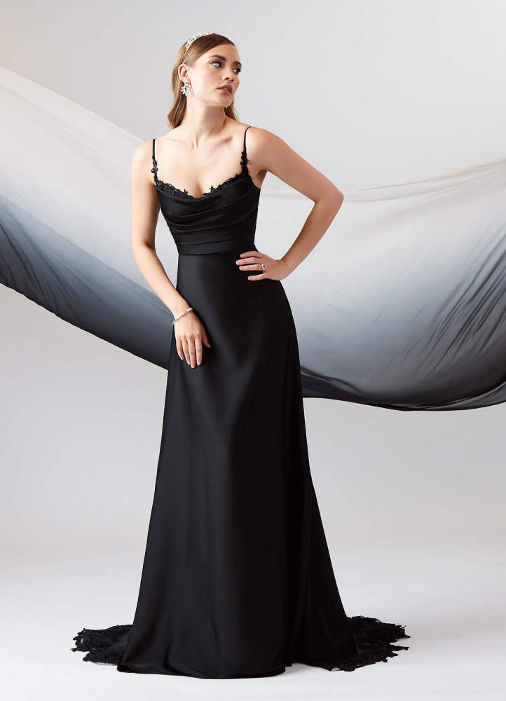 elyessen Sable Stretch Diamond White A-Line Lace Stretch Satin Dress