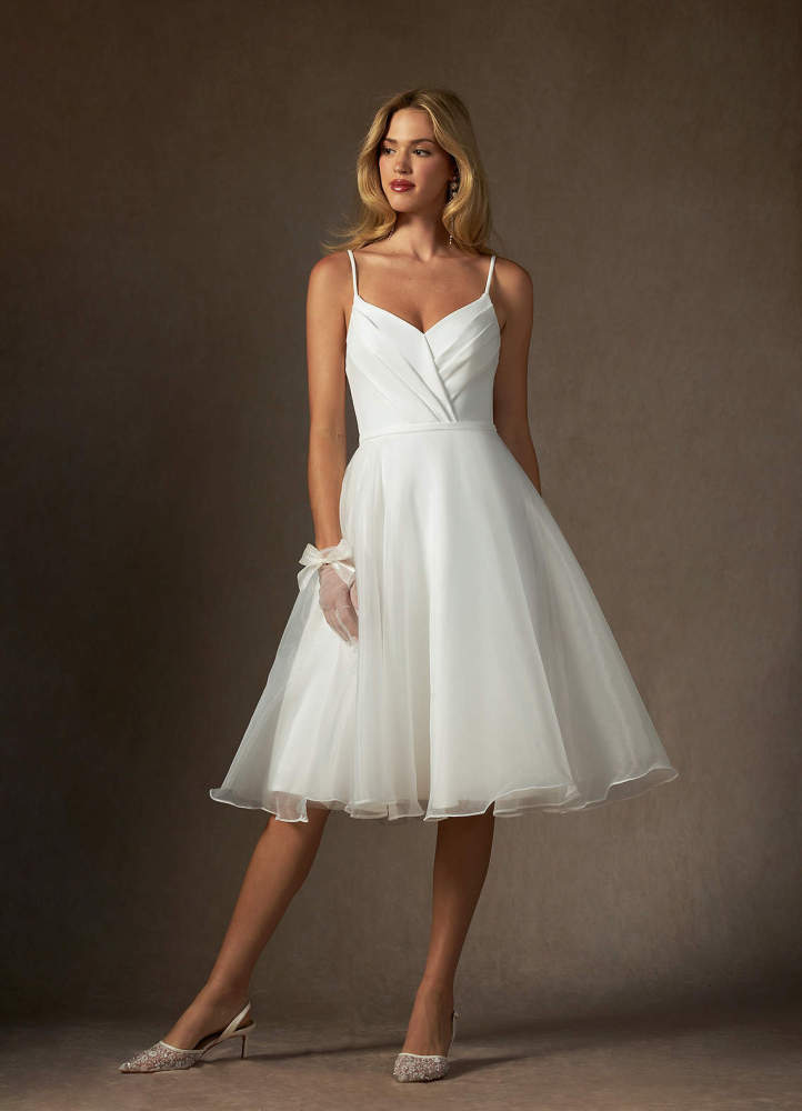 elyessen Ardea Stretch Diamond White A-Line V-Neck Pleated Stretch Crepe Dress