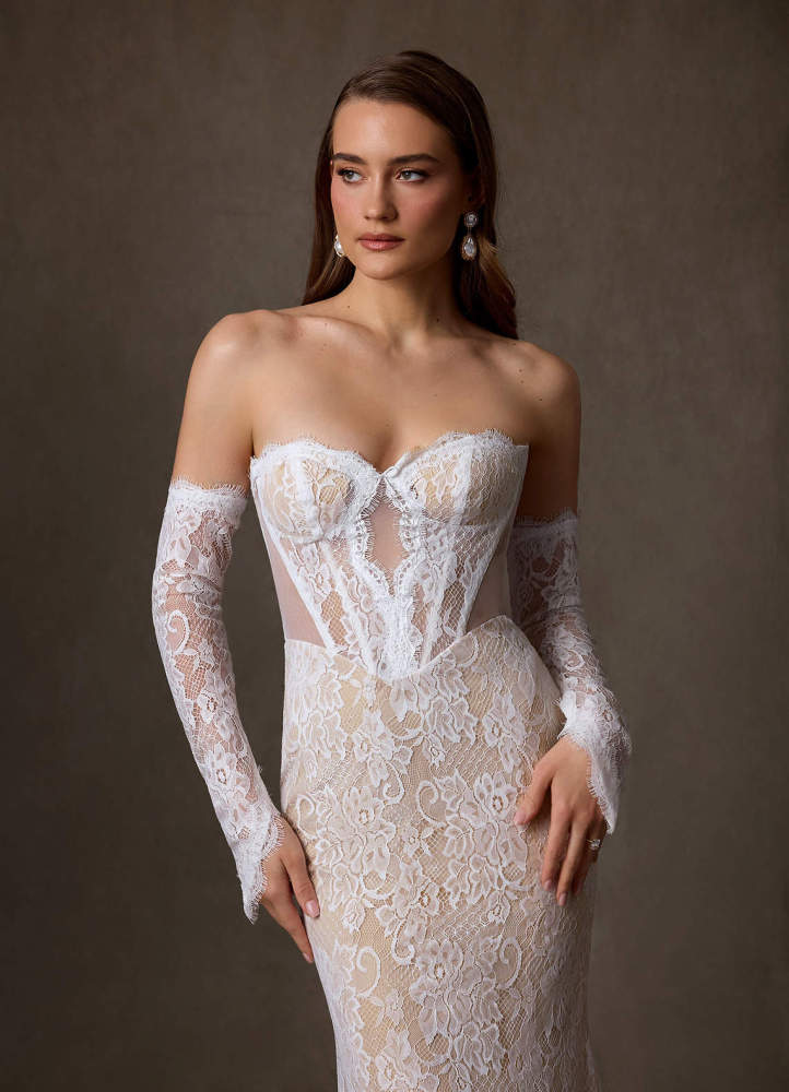 elyessen Diamond White Sheath Strapless Lace Dress