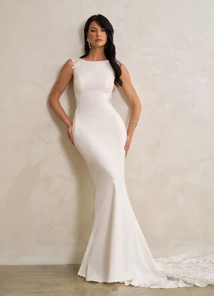 elyessen Bai Stretch Diamond White Mermaid Scoop Sequins Stretch Crepe Dress