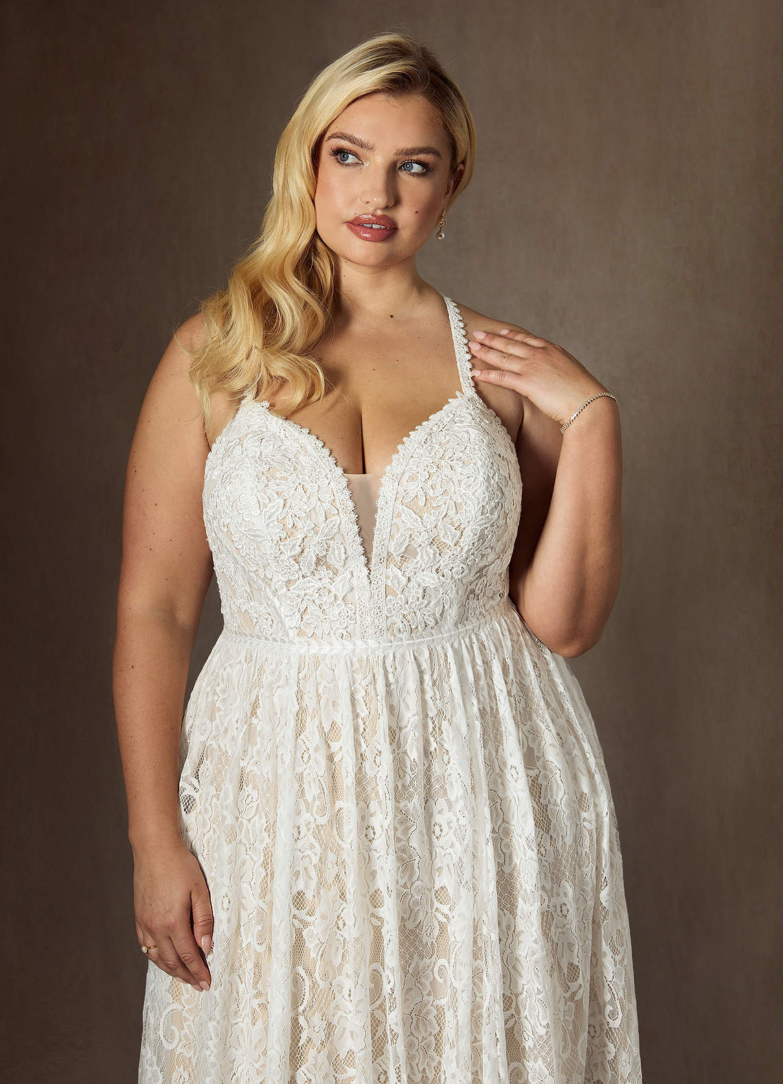 elyessen  Diamond White Champagne A-Line Lace Dress
