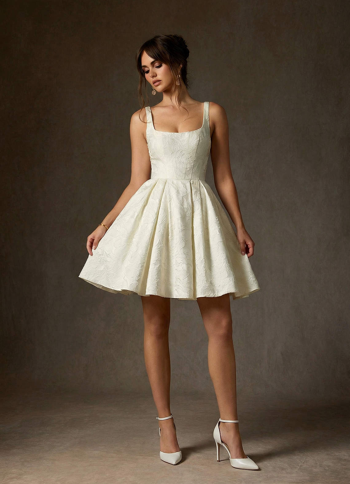 elyessen Ruby Diamond White A-Line with Pockets Floral Jacquard Dress