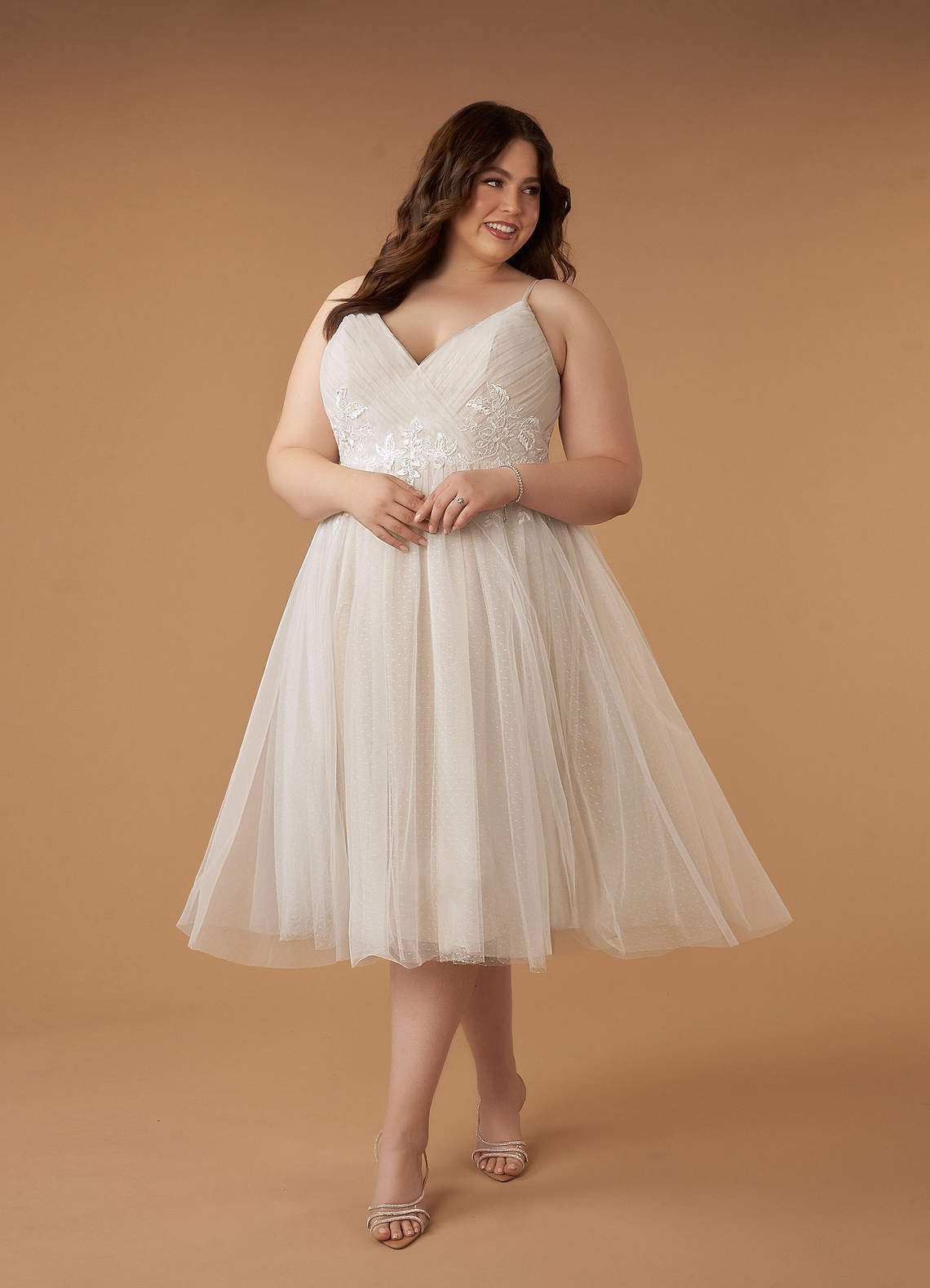 elyessen Diamond White A-Line V-Neck Sequins Tulle Dress