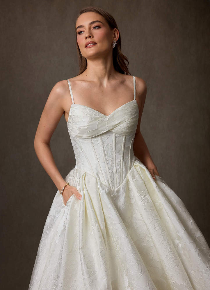 elyessen Genevieve Diamond White Ball-Gown Strapless Floral Jacquard Dress