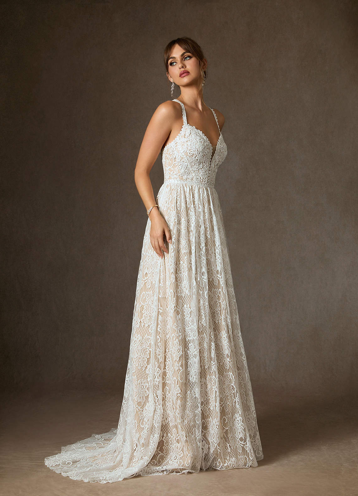 elyessen  Diamond White Champagne A-Line Lace Dress